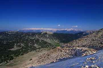 Mountain panoramic landscape with clouds and blue sky