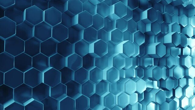 Abstract metallic dark and light blue hexagon Background. Hexagonal pattern wall. 3D rendering. Projection Mapping element with moving polygonal surface. 4k Seamless loop