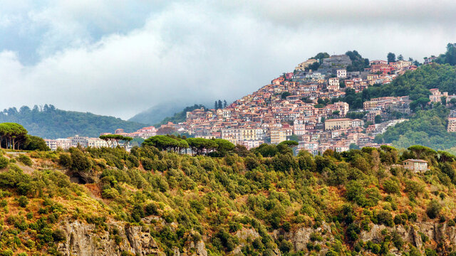 Overview of ancient town of Rocca di Papa perched in a beautiful natural and landscape context and location of Roman Castles Regional Park