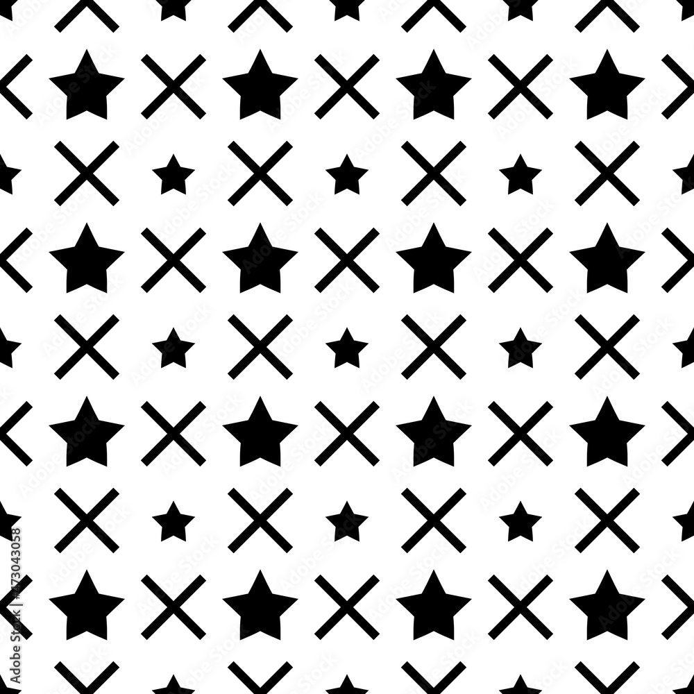 Poster Black stars and crosses on a white background. Vector primitive pattern with repeating shapes.