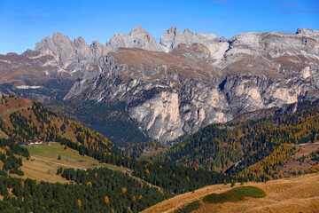 Autumn alpine landscape of Odle Group in the Dolomites, Italy, Europe 