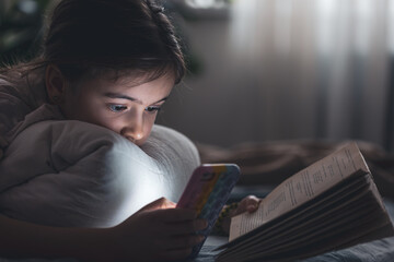 A little girl uses the phone, holding a book in her hands.