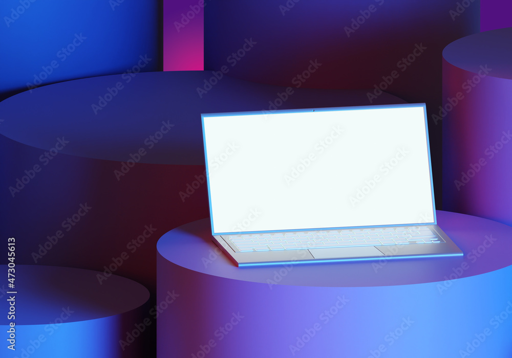 Poster laptop with blank white screen. laptop mockup on purple background. computer with application space.