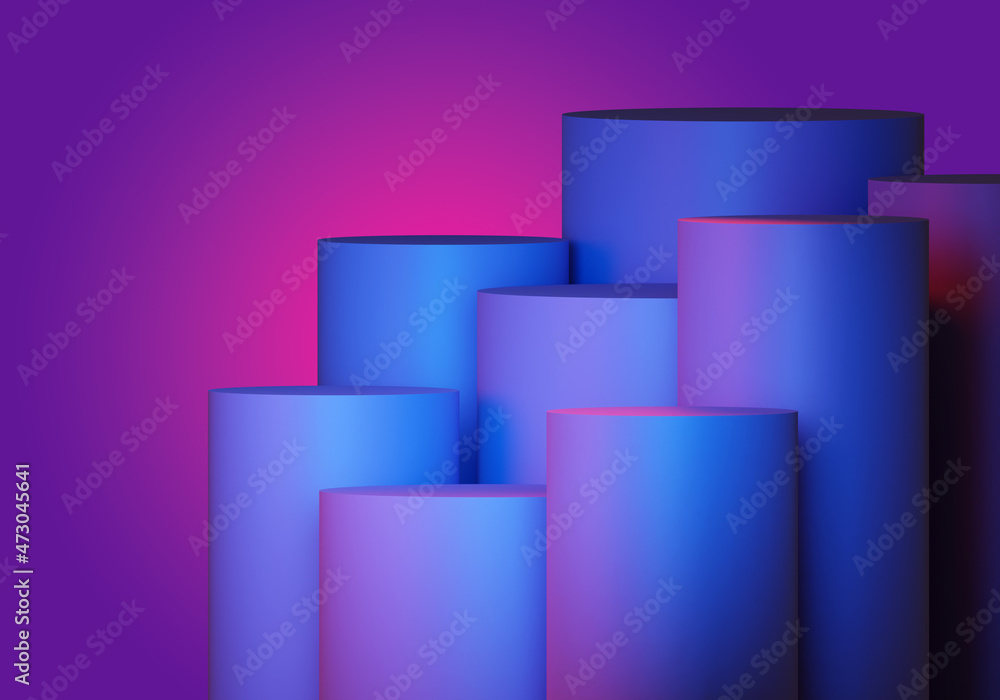 Poster podium stand on purple background. several round columns of different sizes. background to showcase 