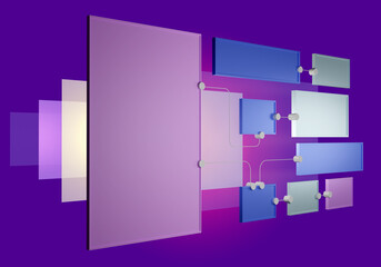 Structural scheme on purple background. Structural scheme in technological style. Place for your text. Advertising space. Geometric technology background. Rectangles connected by lines. 3d rendering.