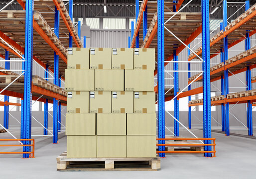 Pallet with cardboard boxes. Business warehouse. Large fulfillment center. Courier company distribution center. Multi-tiered warehouse racks. Wooden paddon with parcels. Storage logistic