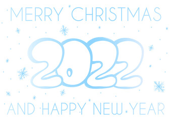 Hand drawn blue text 2022 Merry Christmas and Happy New Year. Festive number design without background. Decorated with handdrawing snowflakes.