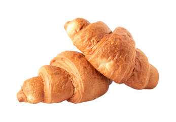 Two French croissants close-up isolated on white background.