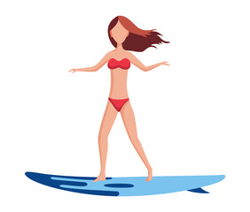 Woman float. Fun female character. Young lady swimming on surfboard. Summertime flat cartoon illustration