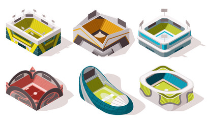 Set of isometric sport arenas exterior. Places for biggest sport competitions. Vector icons or infographic elements representing football basketball or hockey stadium buildings