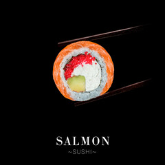 Japanese sushi roll piece with salmon, avocado, cream cheese hold in chopsticks isolated on black...