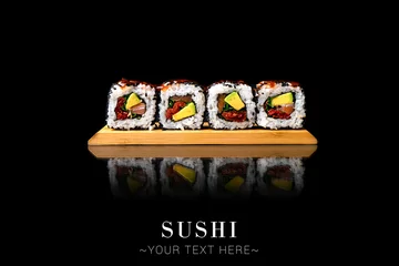 Papier Peint photo Lavable Bar à sushi Salmon Japanese sushi inside out roll with avocado, tomato, greens with sesame seeds on top. Served on wooden board. Asian dish on black background with reflection. Banner with Text space 