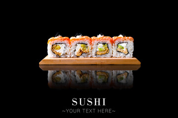 Salmon Japanese sushi inside out roll with avocado, cream cheese. Served on wooden board. Asian dish on black background with reflection. Banner with Text space  