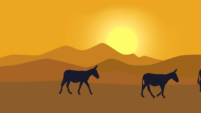 Desert landscape with sun, mountains and walking donkeys (animation, seamless loop)