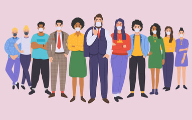 Different group of people wearing protective medical masks. People protecting themselfves from the Coronavirus. Vector