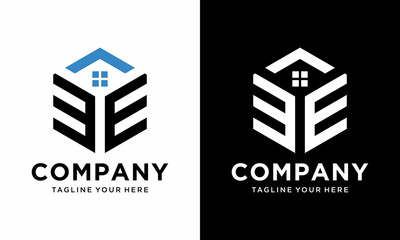 Initial Letter EE Logo, Hexagonal Shape for Real Estate Company. on a black and white background.