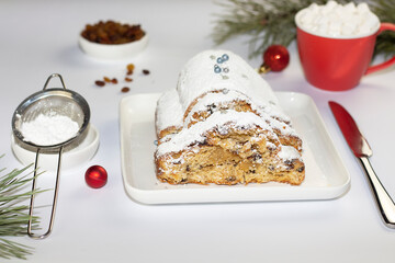 Christmas Stollen cake. Traditional christmas german dessert. Copy space