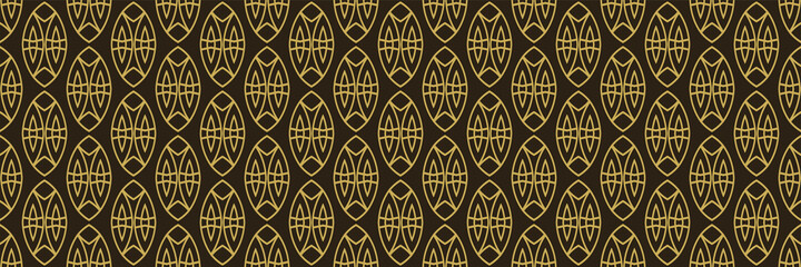 Trendy seamless pattern in ethnic style with gold ornaments on a black background. Vector image