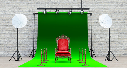 Photo studio green background with soft box light, armchair and barrieres, Photo studio with modern interior and lighting equipment, 3D render