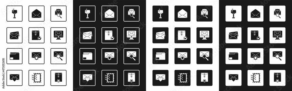 Poster set envelope with magnifying glass, and check mark, mail box, monitor envelope, and document folder 