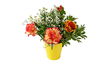 Bright orange flowers bouquet in the yellow bucket isolated on white.
