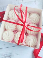 Gift box with tasty homemade Zefir- type of soft confectionery made by whipping fruit and berry purée