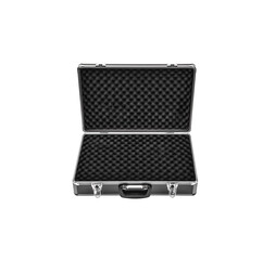 Opened black padded aluminum briefcase case with metal corners isolated on white back