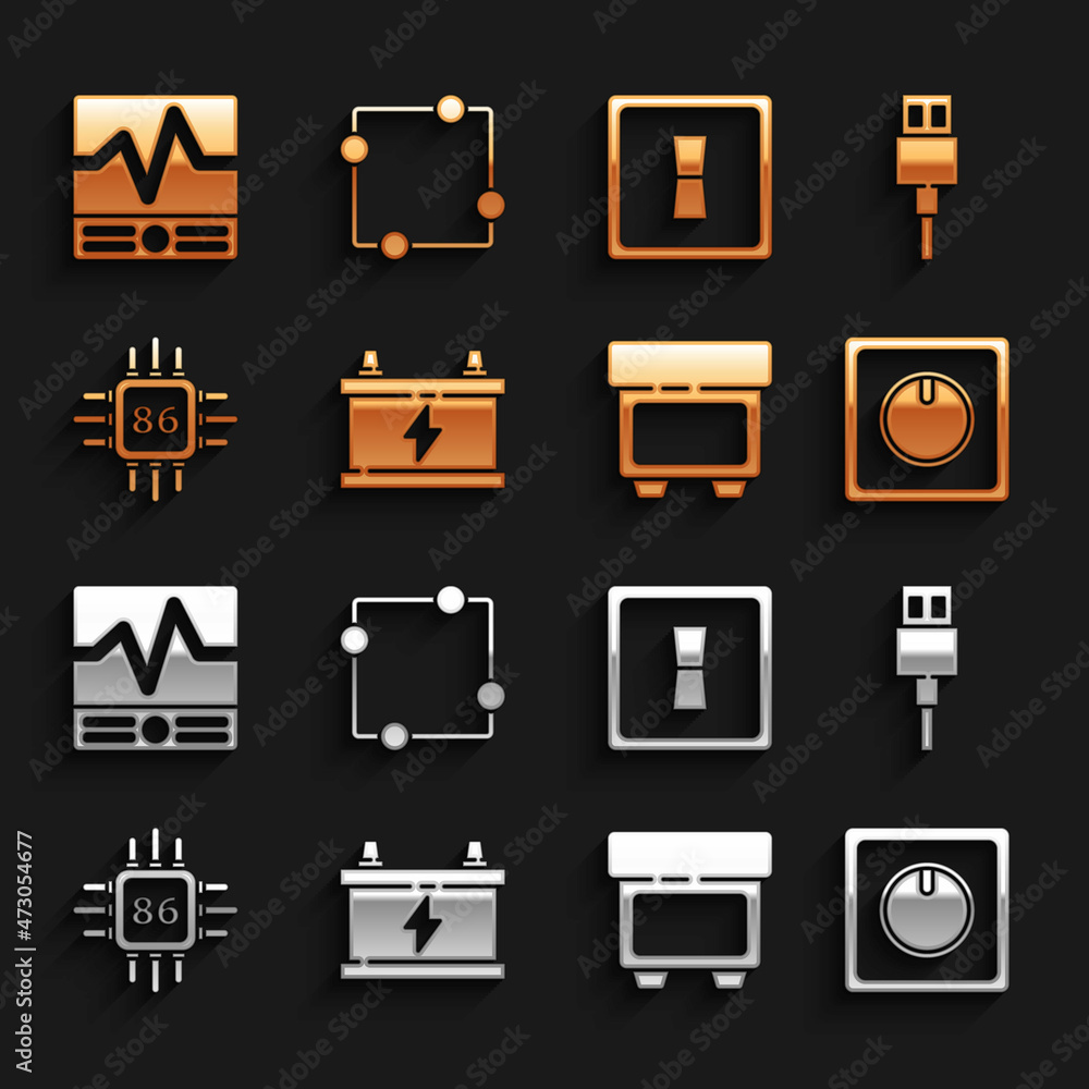 Poster set car battery, usb cable cord, electric light switch, fuse, processor with microcircuits cpu, elec
