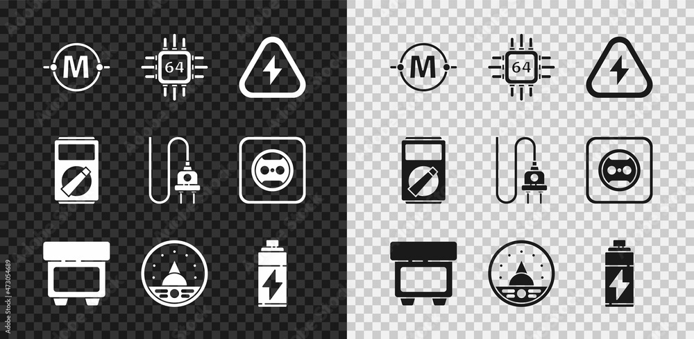 Poster set electric circuit scheme, processor with microcircuits cpu, high voltage, fuse, ampere meter, mul