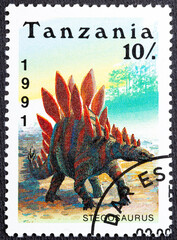 TANZANIA - CIRCA 1991: a stamp printed in Tanzania shows dinosaur Stegosaurus, circa 1991