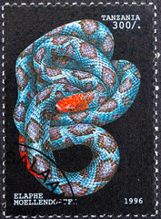 TANZANIA - CIRCA 1996: a stamp printed in Tanzania shows Elaphe Moellendobfez, Snake, circa 1996