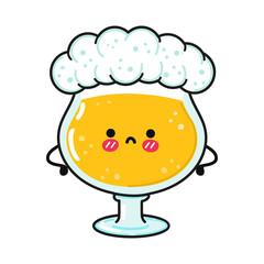 Cute sad glass of beer character. Vector hand drawn cartoon kawaii character illustration icon. Isolated on white background. Glass of beer character concept