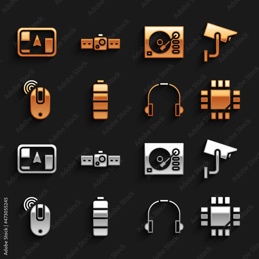 Poster set battery charge level indicator, security camera, processor with microcircuits cpu, headphones, w