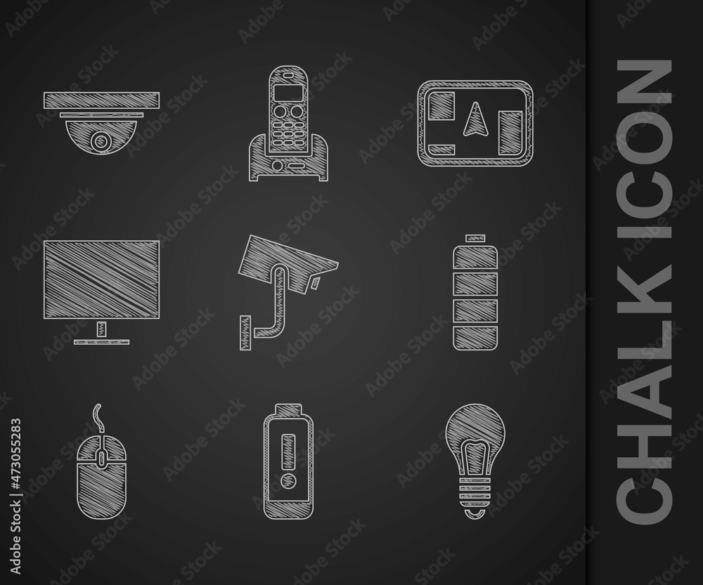 Poster set security camera, battery charge level indicator, light bulb with concept of idea, computer mouse