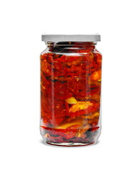 Fototapeta na wymiar Jar with sun-dried tomatoes in olive oil isolated on white.