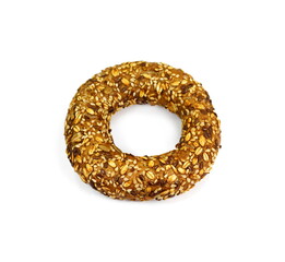 Obraz premium bagel with seeds isolated on white background. Fresh breakfast bread bagel roll with seeds isolated on white background.