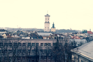Black White Lviv, city view, historical city center, Ukraine, Western Ukraine
