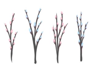 Set of cute willow twigs sketch isolated on a white background. Easter willow.