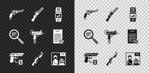 Set Revolver gun, Hunting, Pepper spray, Buying pistol, Advertising weapon, Pistol or search and UZI submachine icon. Vector