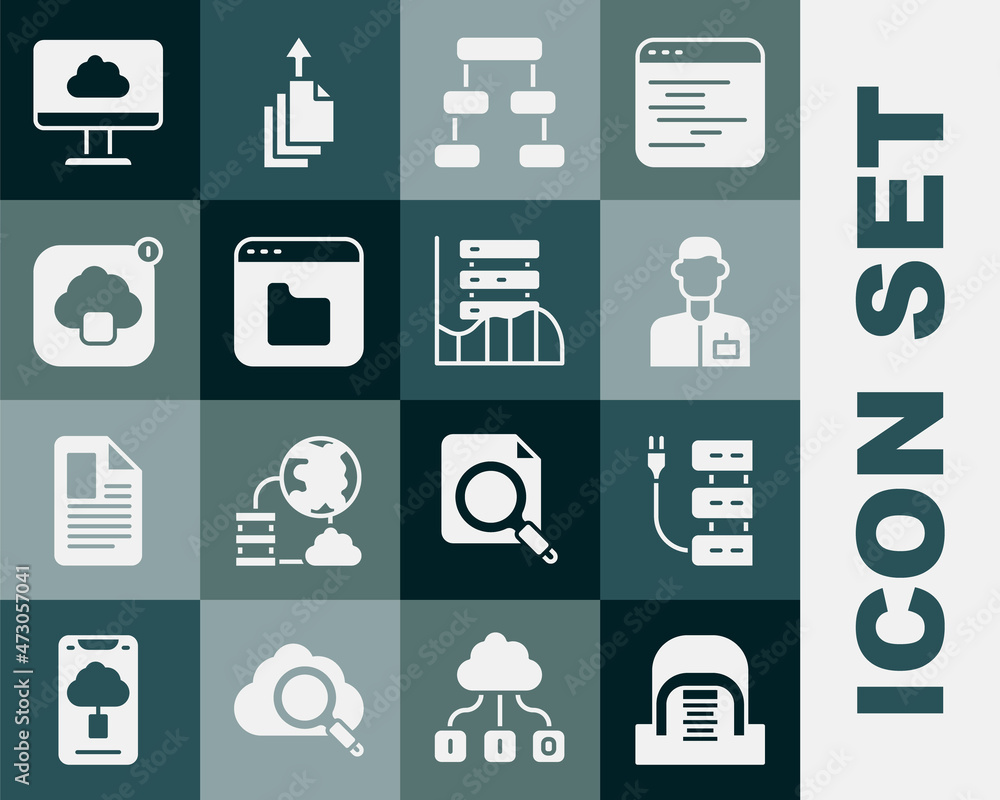 Poster set hangar with servers, server, analyst engineer, hierarchy organogram chart, browser files, cloud 