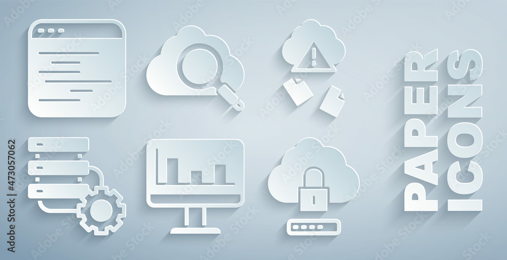 Poster set monitor with graph chart, cloud hacking, server and gear, computing lock, search cloud and softw