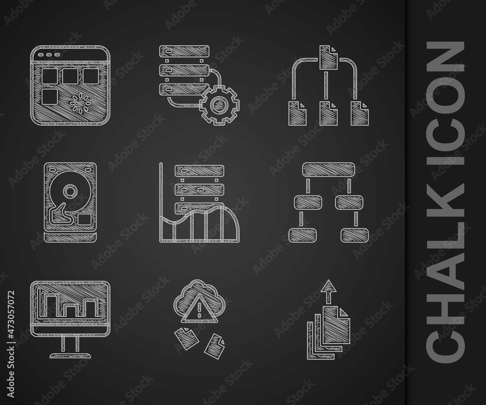 Poster set server, data, web hosting, cloud hacking, export, hierarchy organogram chart, monitor with graph
