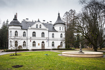 Fototapeta premium The White Castle - music school and fountain in Baldone, Latvia