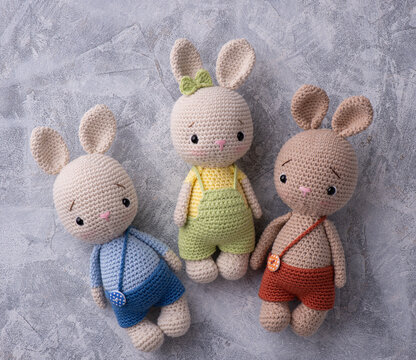 Handmade crocheted bunny toys, amigurumi.