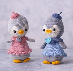 Handmade crocheted penguins, amigurumi.
