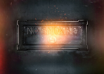 No Smoking Vintage Metal Board Sign with light, fire, and sparks