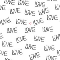 Seamless background with hand written words Love and red heart. Vector illustration for Valentine day