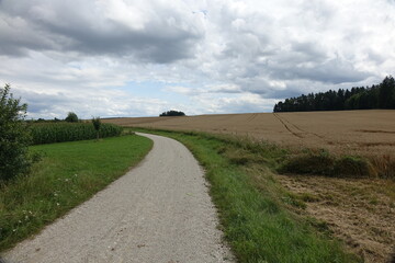 Fields and gravel road in the Franconian summer landscape around Aufseß, city with the most breweries per capita worldwide, Aufseß, Upper Franconia, Bavaria, Germany
