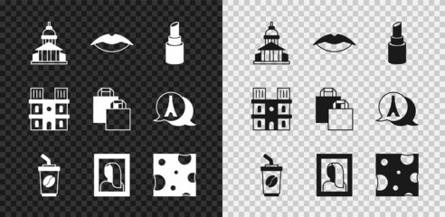 Set Museum building, Smiling lips, Lipstick, Coffee cup to go, Portrait picture museum, Cheese, Notre Dame de Paris and Paper shopping bag icon. Vector