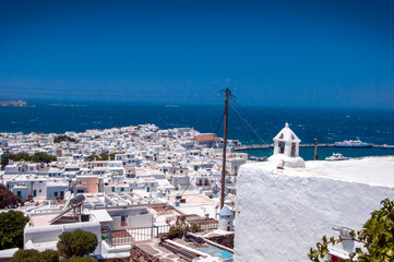 View to Mykonos island from a hilltop